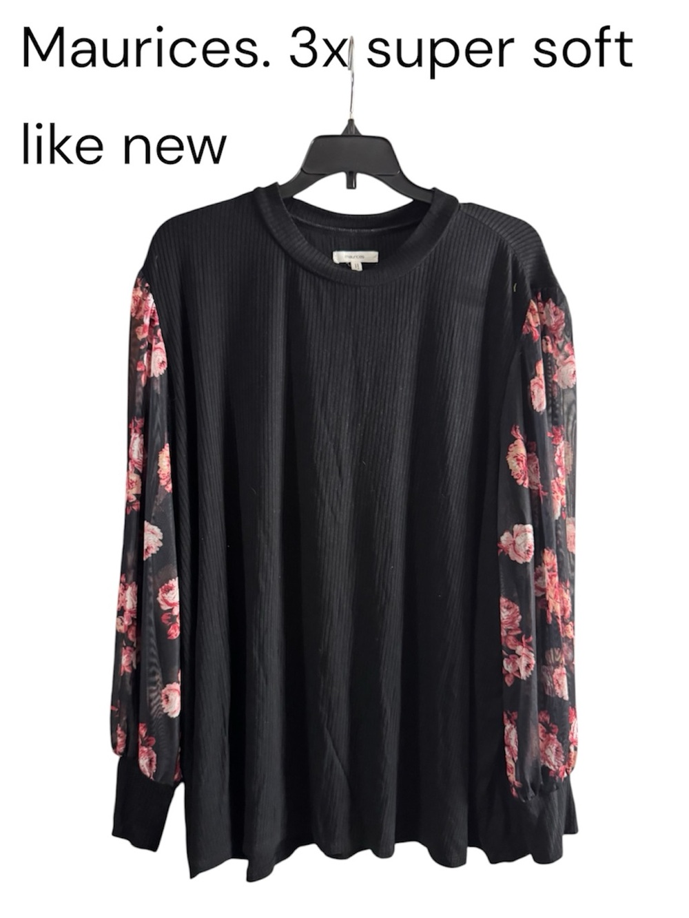 Maurices Black Top with Pink Floral Sheer Balloon Sleeves - 3X